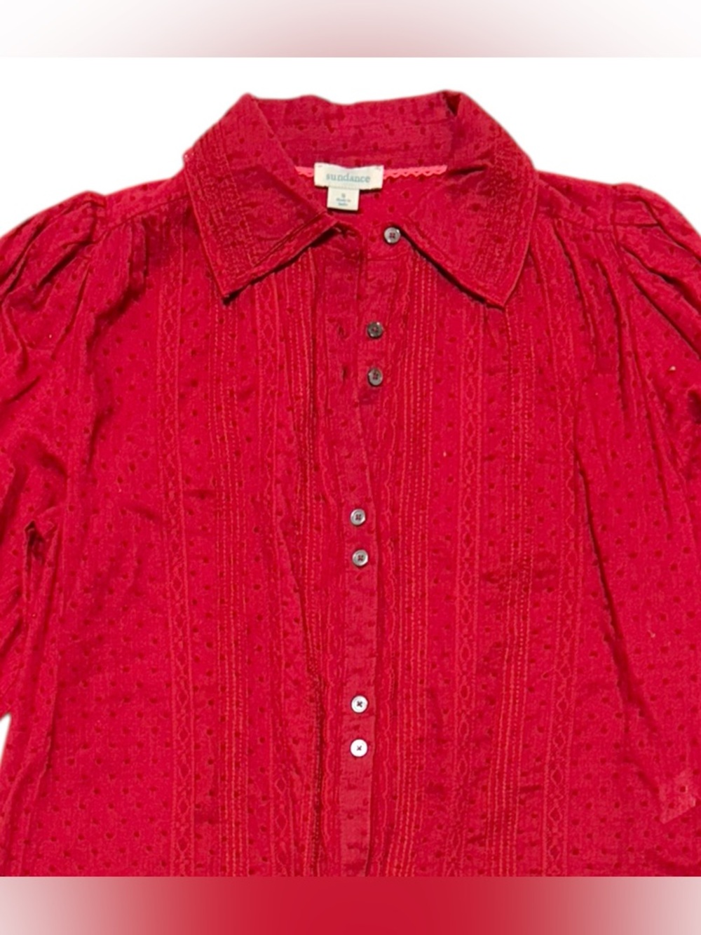 Sundance Women’s Red Ruched Crossover Stretch Collared Button Up Top Size Small - Picture 3 of 6